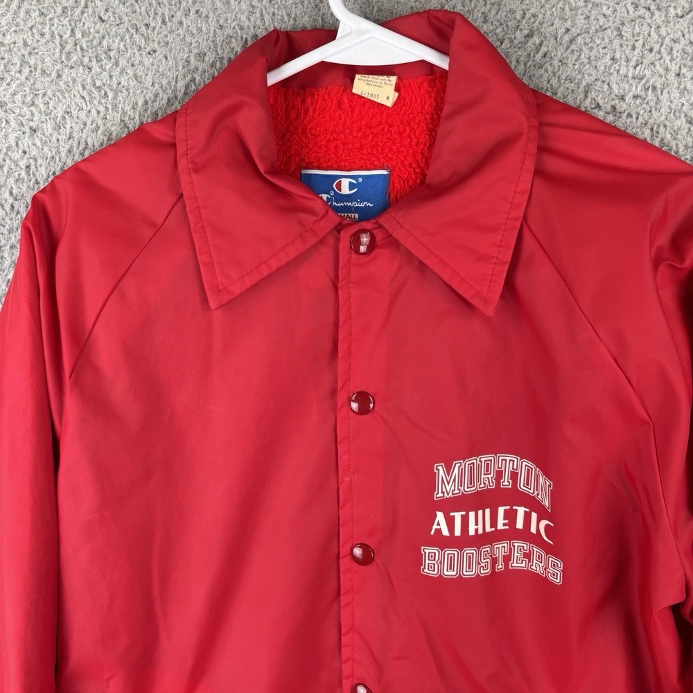 Vintage 1980s Champion Coaches Jacket Mens Small Red Sherpa Lined Snap Made USA - Picture 2 of 10